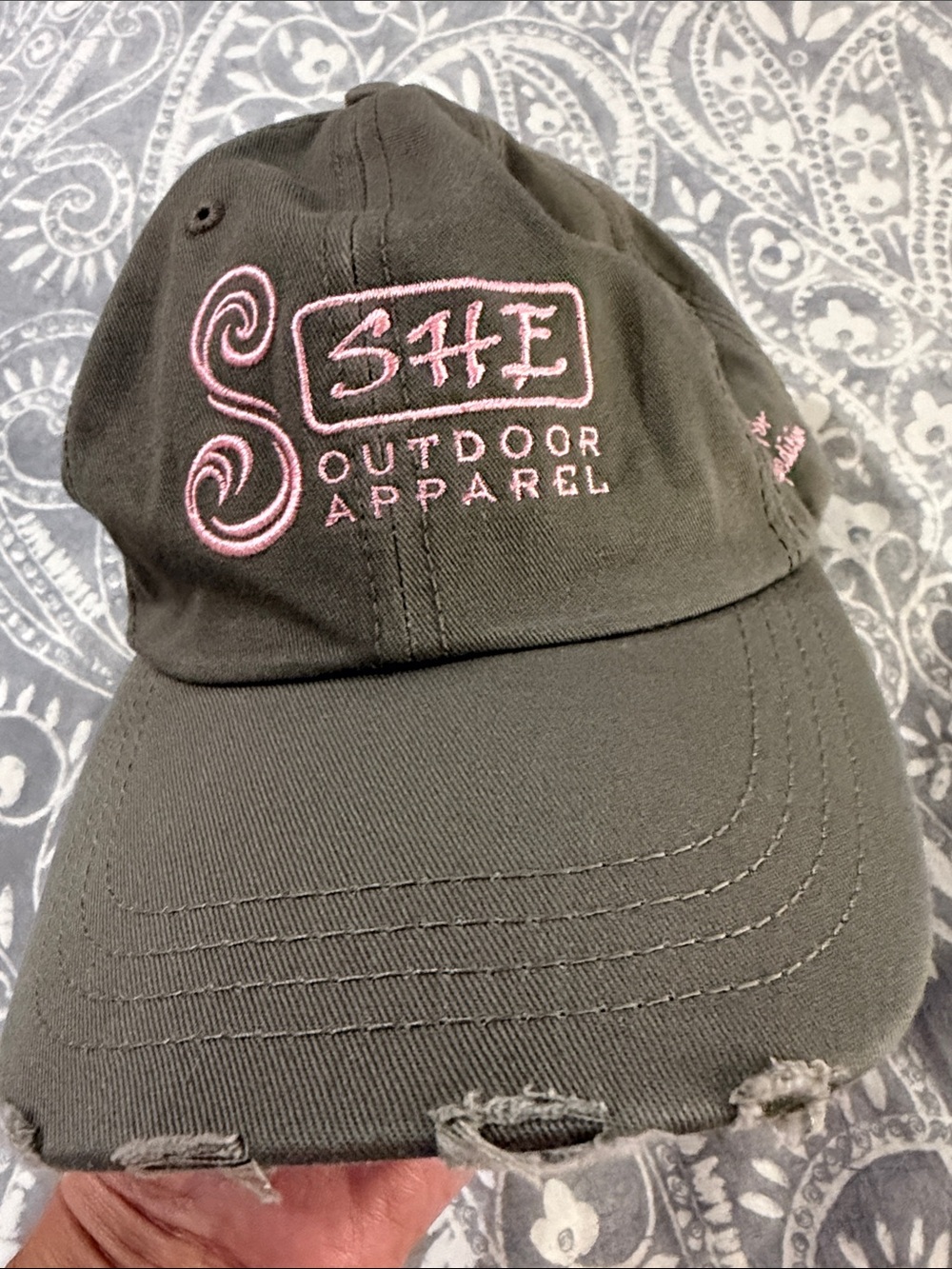 SHE Outdoor Apparel Olive Green Baseball Cap with Pink Embroidery